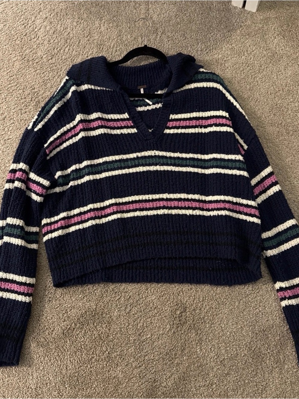 Women's Navy Striped V-Neck Sweater